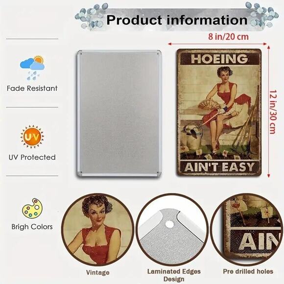 Sexy Pin Up Pinup Girl • Tin Sign • ‘Hoeing Ain't Easy’ • Big Boobs •Garter Belt - Picture 3 of 9